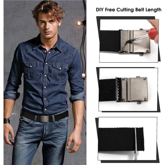 Canvas Web Belt for Men Adjustable Cloth Fabric Military Belt with Metal Buckle - Picture 6 of 6